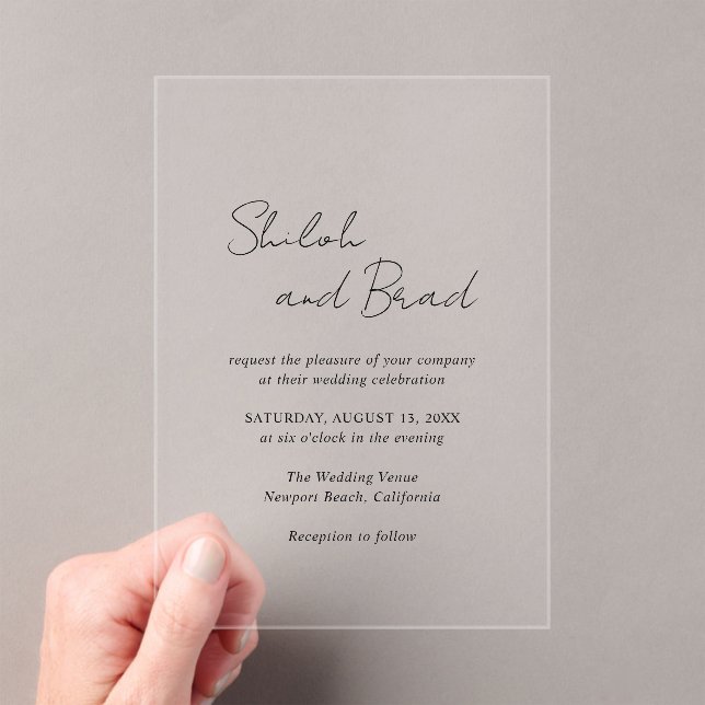 Shiloh Minimal Black and White Elegant Wedding Acrylic Invitations (Insitu (Handheld))