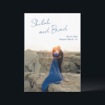 Shiloh Navy Blue Modern Elegant Wedding Save The Date<br><div class="desc">Modern wedding save the date card featuring a simple design with your names in an elegant script at the top left and your date, city and state below to the right, over your favourite vertical photo. The template includes a sheer overlay along the top to help the text stand out...</div>