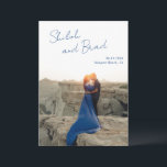 Shiloh Navy Blue Modern Elegant Wedding Save The Date<br><div class="desc">Modern wedding save the date card featuring a simple design with your names in an elegant script at the top left and your date, city and state below to the right, over your favourite vertical photo. The template includes a sheer overlay along the top to help the text stand out...</div>