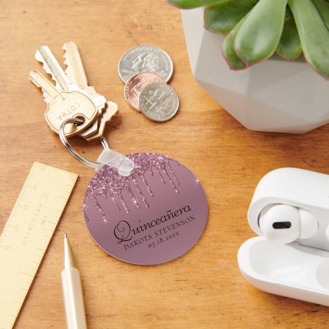 Shimmer Drip Quinceanera | Dusty Pink Icing Script Keychain (Desk)