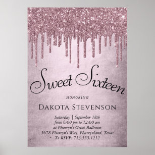 Shimmer Drip Sweet 16 Party   Pink Icing Script Poster