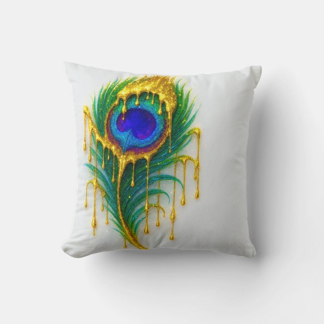 Shimmer Gold Drip Beauty Glam Peacock Feather Throw Pillow (Front)