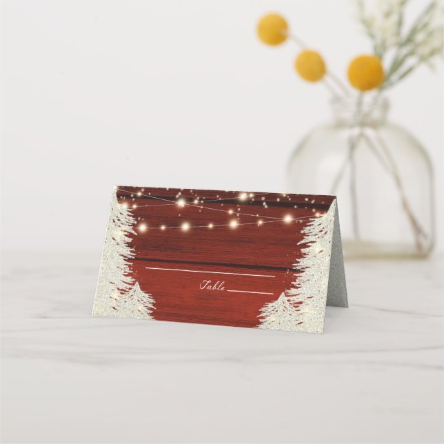 Shimmer Rustic Wood String Lights Trees Wedding Place Card (Front)