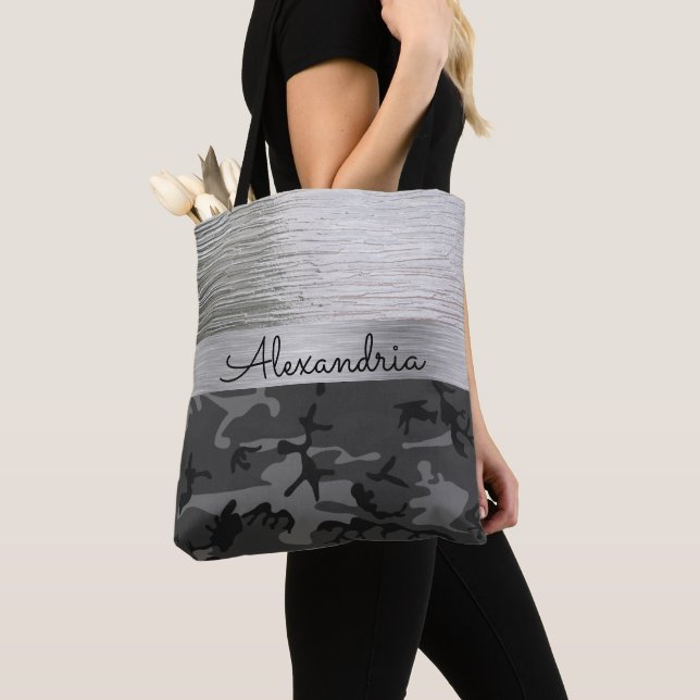 Shimmer Silver Black Camo Personalized Tote Bag (Close Up)