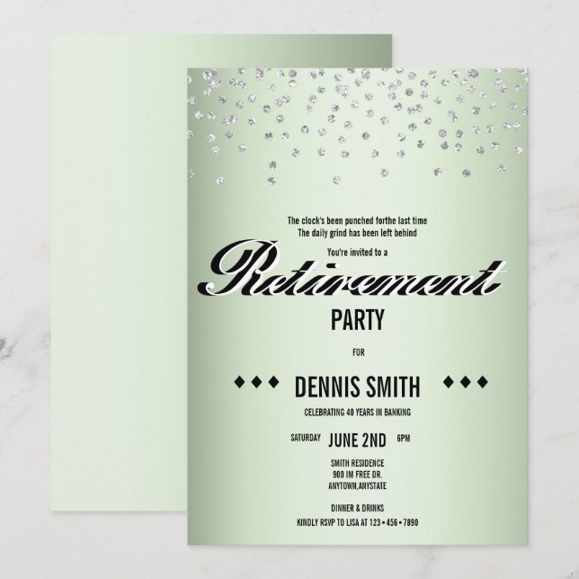 Shimmer | Silver Glitter Confetti Retirement Party Invitation (Front/Back)