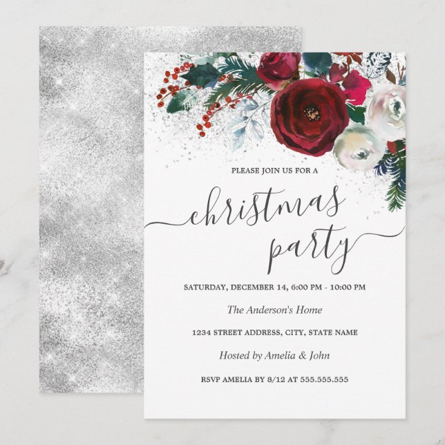 Shimmer White Silver Red Floral Christmas Party  Invitation (Front/Back)