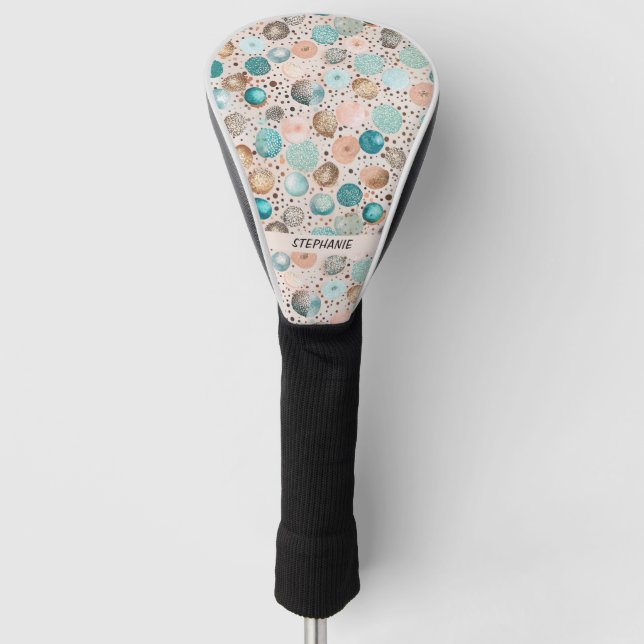 Shimmering Abstract Dot Pattern in Turquoise, Pink Golf Head Cover (Front)