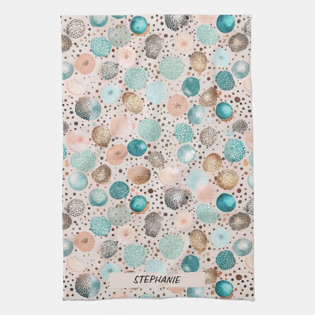 Shimmering Abstract Dot Pattern in Turquoise, Pink Kitchen Towel (Vertical)