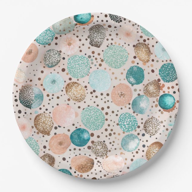 Shimmering Abstract Dot Pattern in Turquoise, Pink Paper Plate (Front)