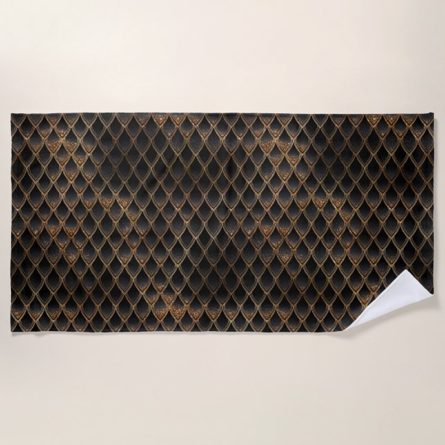 Shimmering Black & Gold Glitter Dragon Scales Beach Towel (Front)