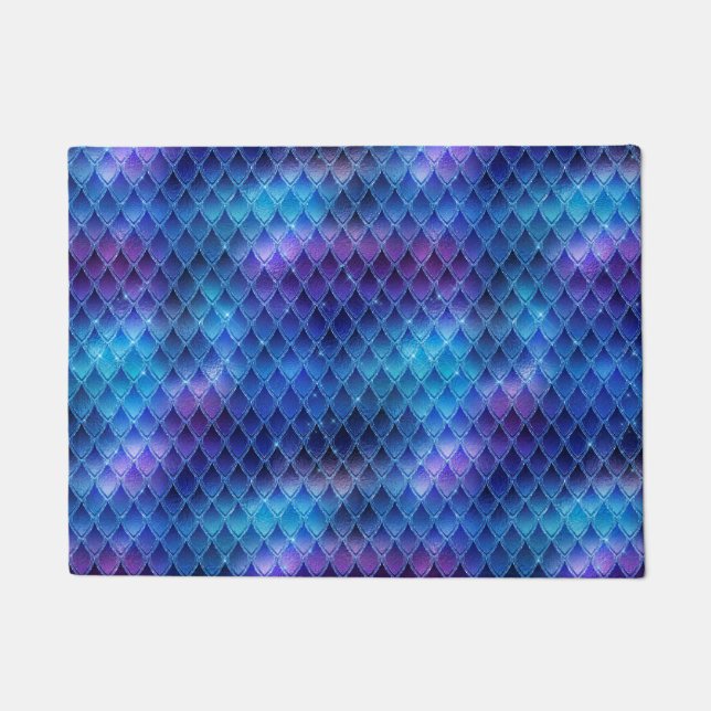 Shimmering Blue Ombre & Glitter Dragon Scales Doormat (Front)