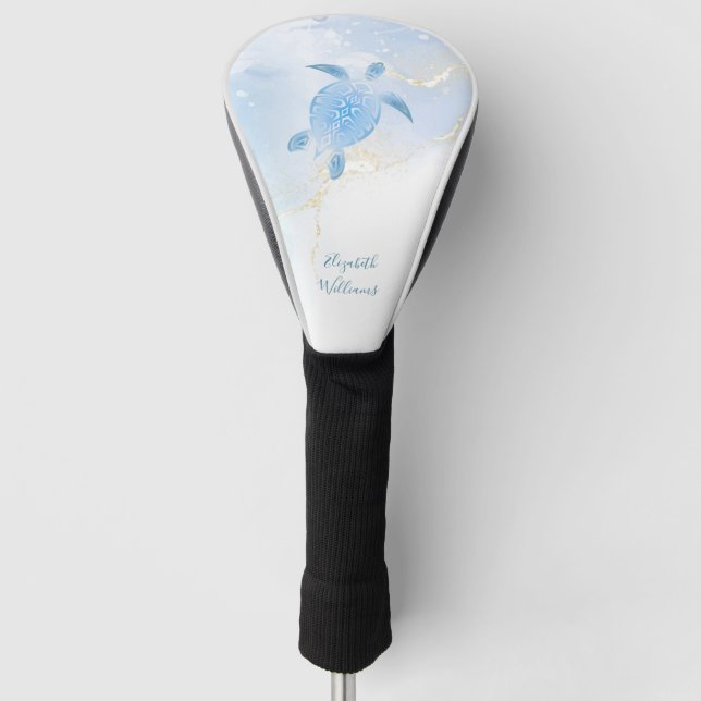 Shimmering Blue Turtle Gold Blue Ink Golf Head Cover (Front)