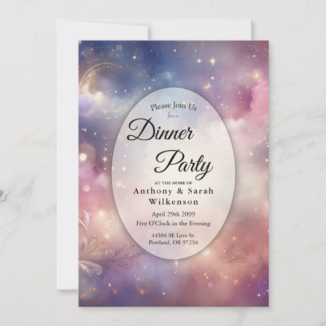 Shimmering Celestial Stardust Skies Dinner Party Invitation (Front)