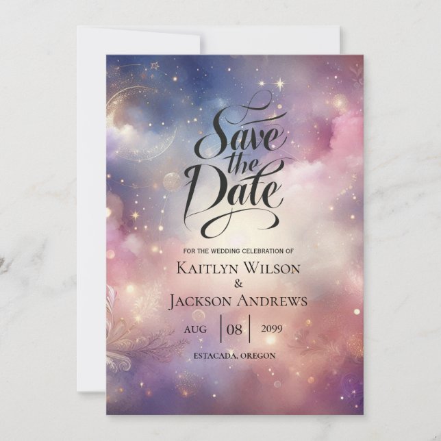 Shimmering Celestial Stardust Skies Wedding Save The Date (Front)