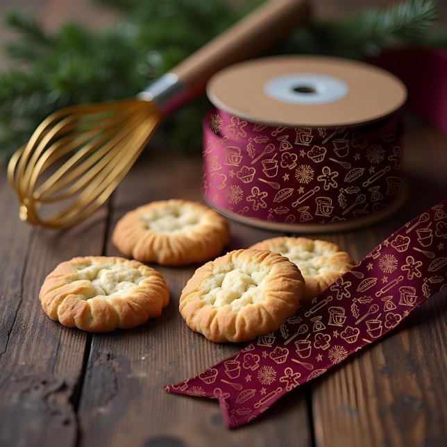 Shimmering Gold Burgundy Christmas Baking Pattern Satin Ribbon (Shimmering Gold Burgundy Christmas Baking Pattern Satin Ribbon)