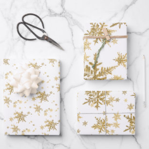 Shimmering Gold Snowflakes Modern Holiday Wrapping Paper Sheet