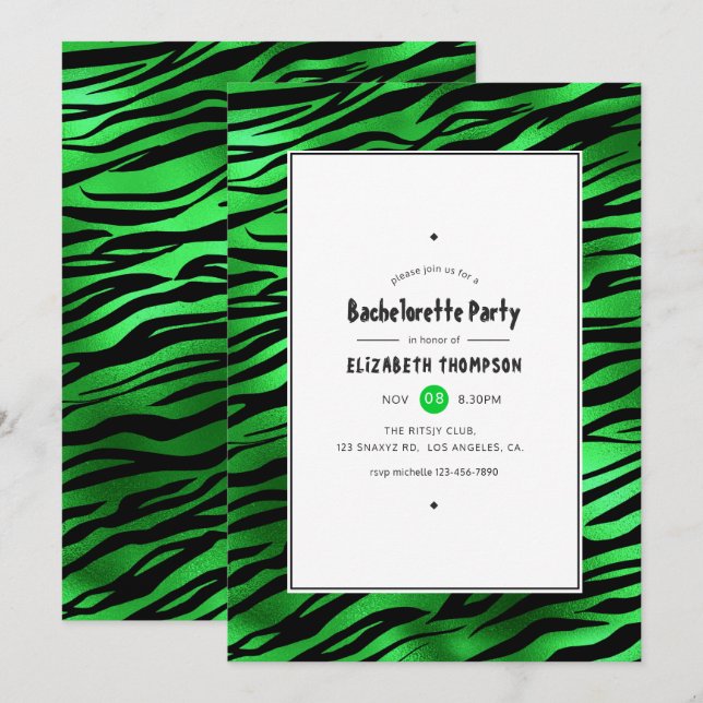 Shimmering Green Tiger Stripes Bachelorette Party Invitation (Front/Back)