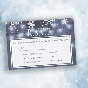 Shimmering lights winter barn wood wedding rsvp card