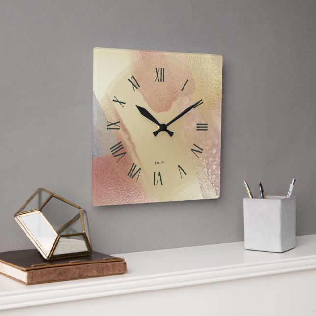 Shimmering Look Gold Brushstrokes Square Wall Clock (Office)