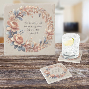 Shimmering Peach and Blue Customizable Bible Verse Stone Coaster