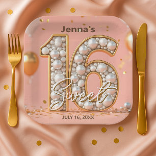 Shimmering Pearlescent Gold Soft Pink Sweet 16 Paper Plate