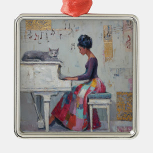 Shimmering Piano Lady Purple Grey Cat Metal Ornament