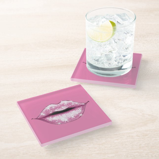 Shimmering Pink Lips Glass Coaster (Angled)