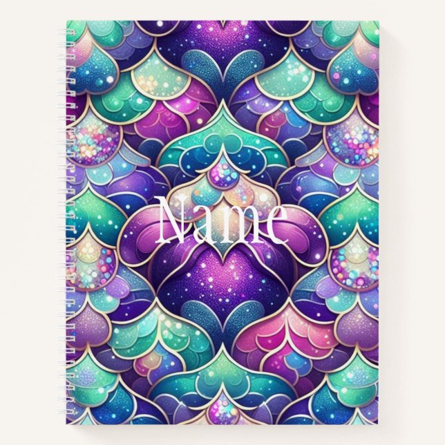 Shimmering Purple Mermaid Tail Print Name Notebook (Front)