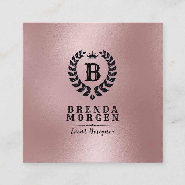 Shimmering Rose-gold & Black Laurel Wreath Square Business Card (Front)