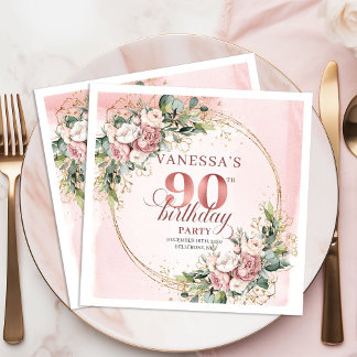 Shimmering Rose Gold Greenery 90th Birthday Napkin