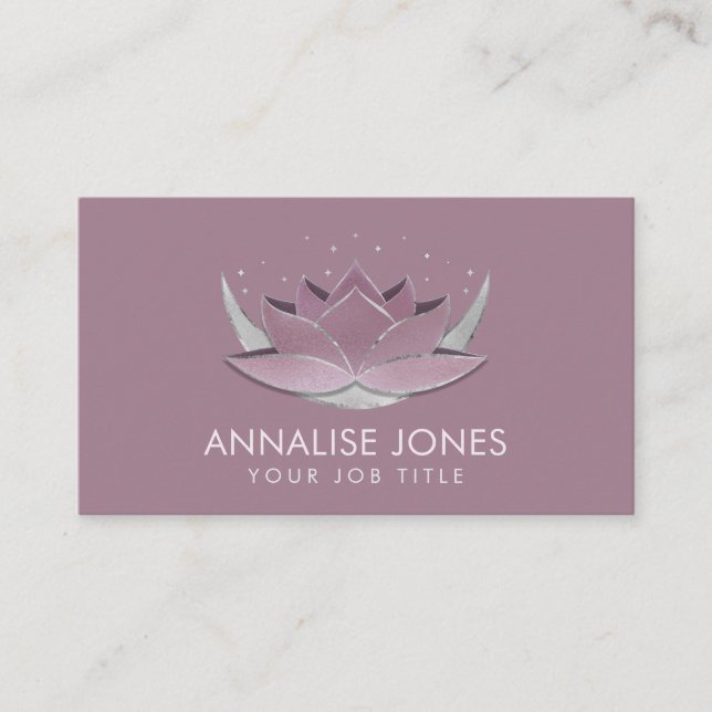 Shimmering Rose Silver Lotus and Moon Business Card (Front)