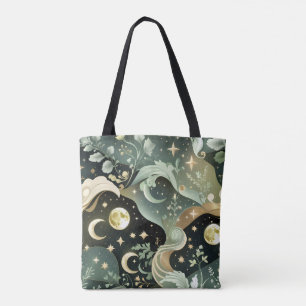 Shimmering Sage Green Celestial Moon Accessory Tote Bag