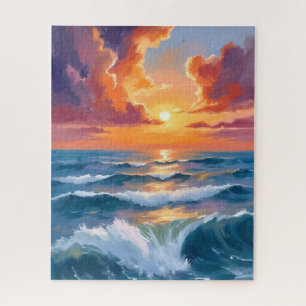 Shimmering Sea Sunset Ocean Watercolor Painting Jigsaw Puzzle