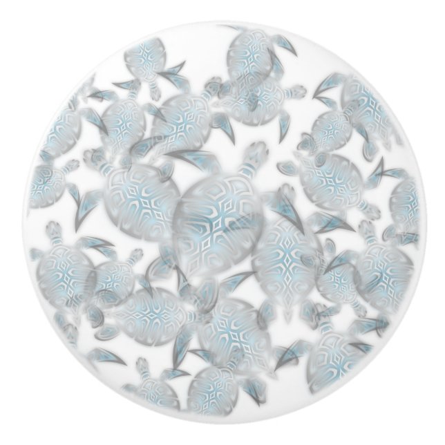 "Shimmering Sea Turtles" | Modern Silver Coastal Ceramic Knob (Front)