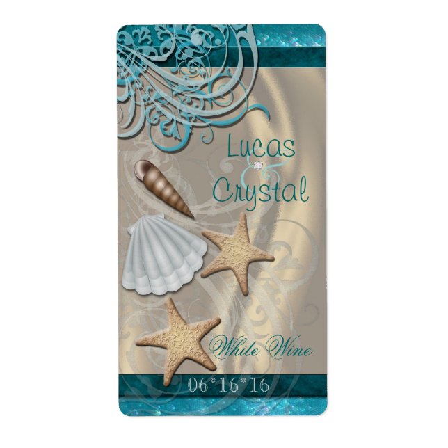 Shimmering Seashell Teal Wedding Wine Label (Front)