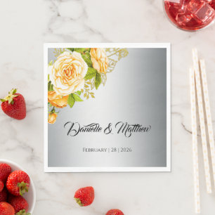 Shimmering Silver and Yellow Roses Wedding  Napkin