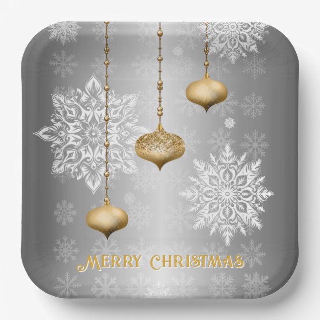 Shimmering Silver Merry Christmas  Paper Plate (Front)