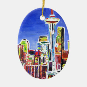 Shimmering Skyline Of Seattle With Space Needle Ceramic Ornament