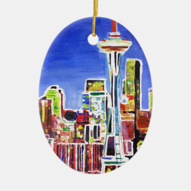 Shimmering Skyline Of Seattle With Space Needle Ceramic Ornament (Front)