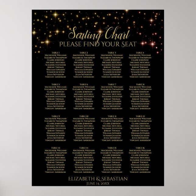 Shimmering Sparkles 16 Table Wedding Seating Chart (Front)
