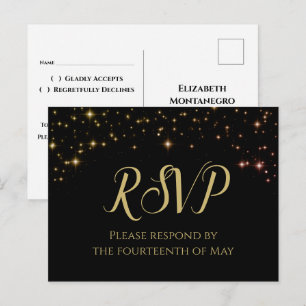 Shimmering Sparkles Gold & Black Wedding RSVP Postcard