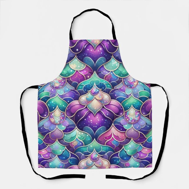 Shimmering Teal Purple Mermaid Tail Print Pattern Apron (Front)