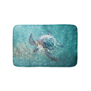 Shimmering Turquoise Sea Turtle   Coastal Bath Mat