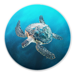 Shimmering Turquoise Sea Turtle Coastal Ceramic Knob