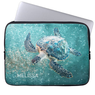 Shimmering Turquoise Sea Turtle   Coastal Laptop Sleeve