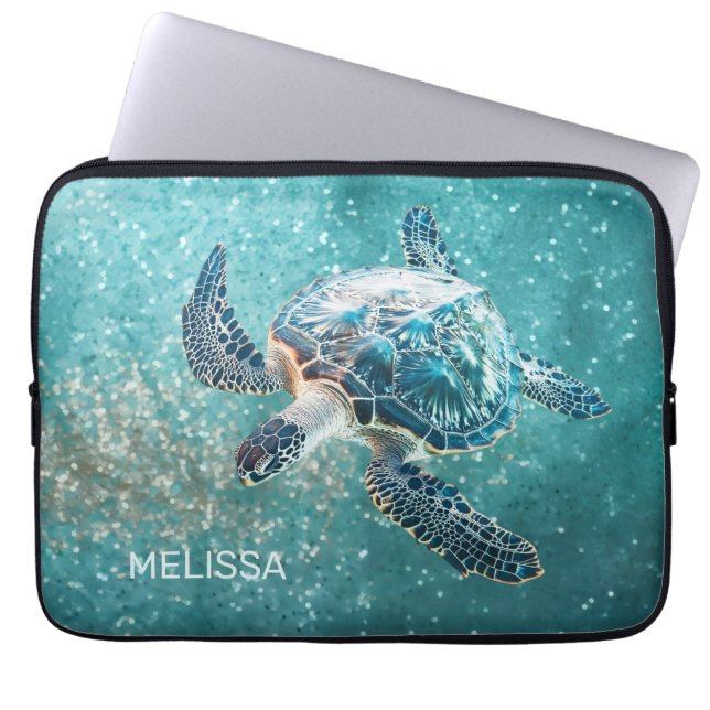 Shimmering Turquoise Sea Turtle | Coastal Laptop Sleeve (Front)