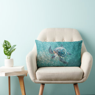 Shimmering Turquoise Sea Turtle   Coastal Lumbar Pillow