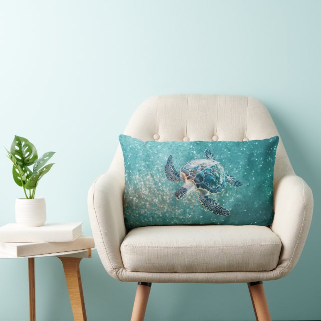 Shimmering Turquoise Sea Turtle | Coastal Lumbar Pillow (Chair)