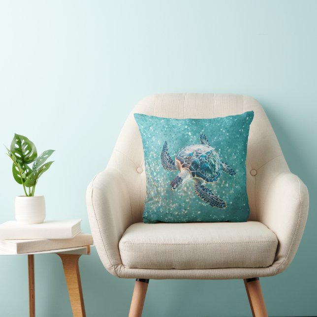 Shimmering Turquoise Sea Turtle | Coastal Throw Pillow (Chair)
