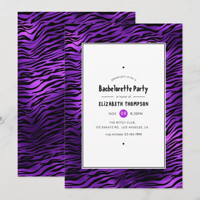 Shimmering Violet Tiger Stripes Bachelorette Party Invitation (Front/Back)